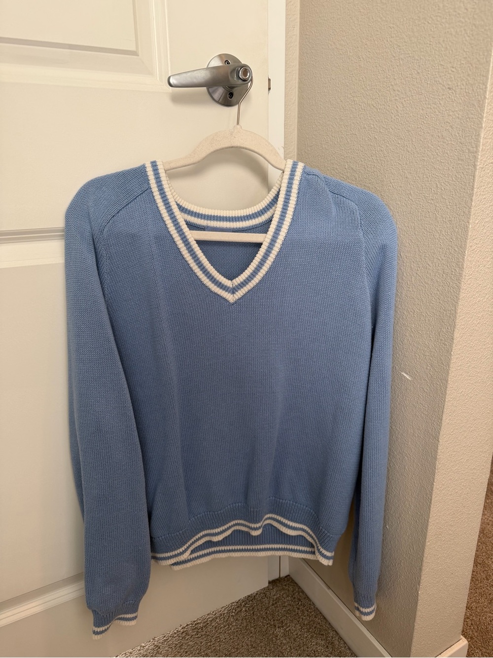 Brandy Melville Light Blue V-Neck Sweater with White Trim